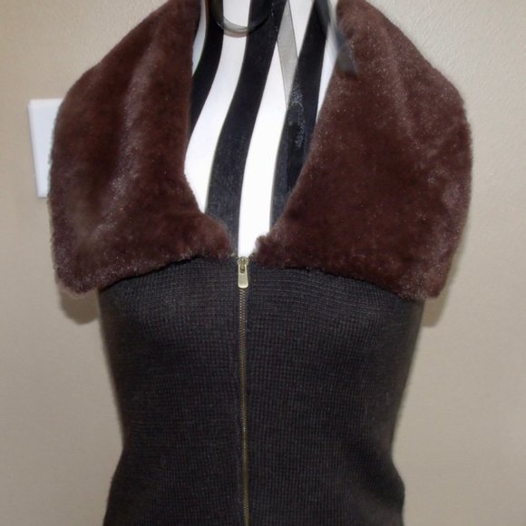 GAP GRAY KNIT W/SOFT BROWN FAUX FUR COLLAR SLEEVELESS SWEATER VEST Sz S Small - Picture 3 of 12